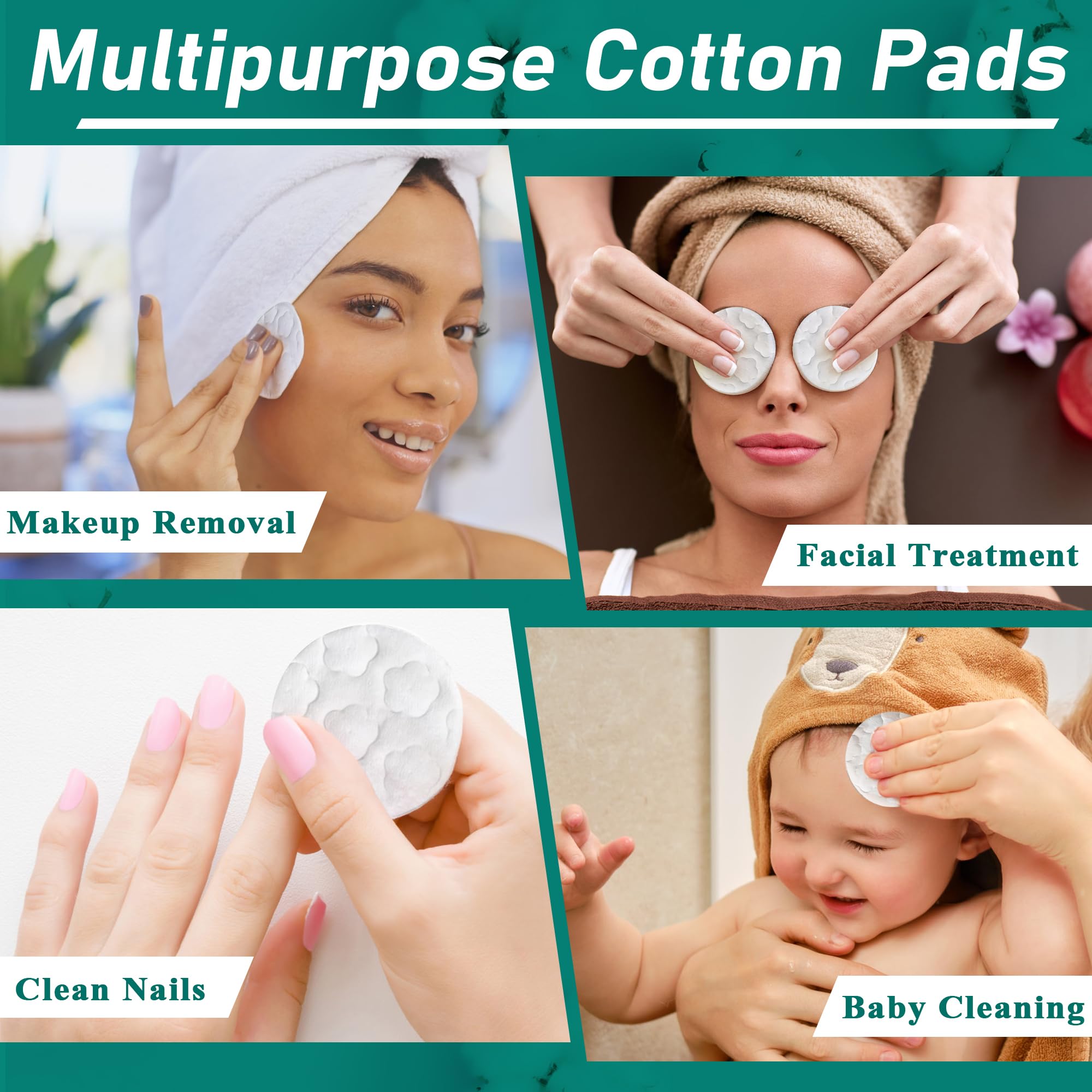 ZPCO Premium Cotton Rounds packaging highlights eco-friendly, multi-use pads for makeup and nail polish removal.