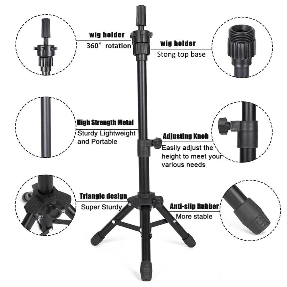 Compact, lightweight, foldable wig stand ideal for travel and desk use.