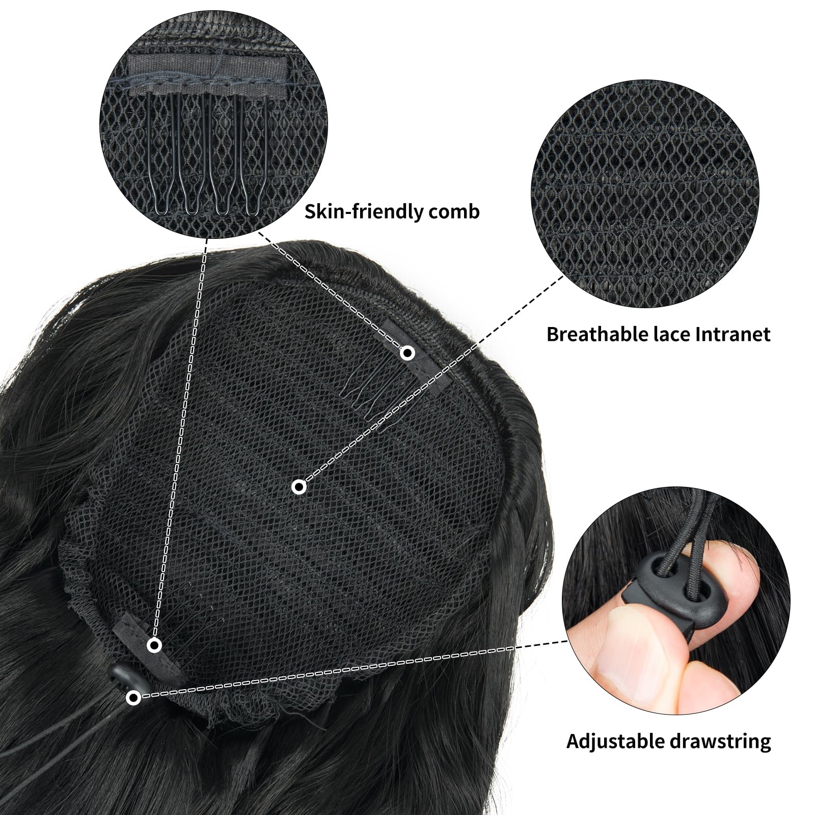 ZQIAN BEAUTY long, wavy ponytail detail for a natural look.