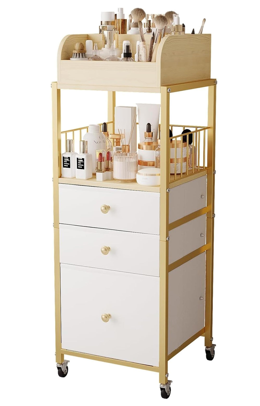 ZQUYAJ makeup organizer cart gold, front view for easy access to cosmetics and skincare.