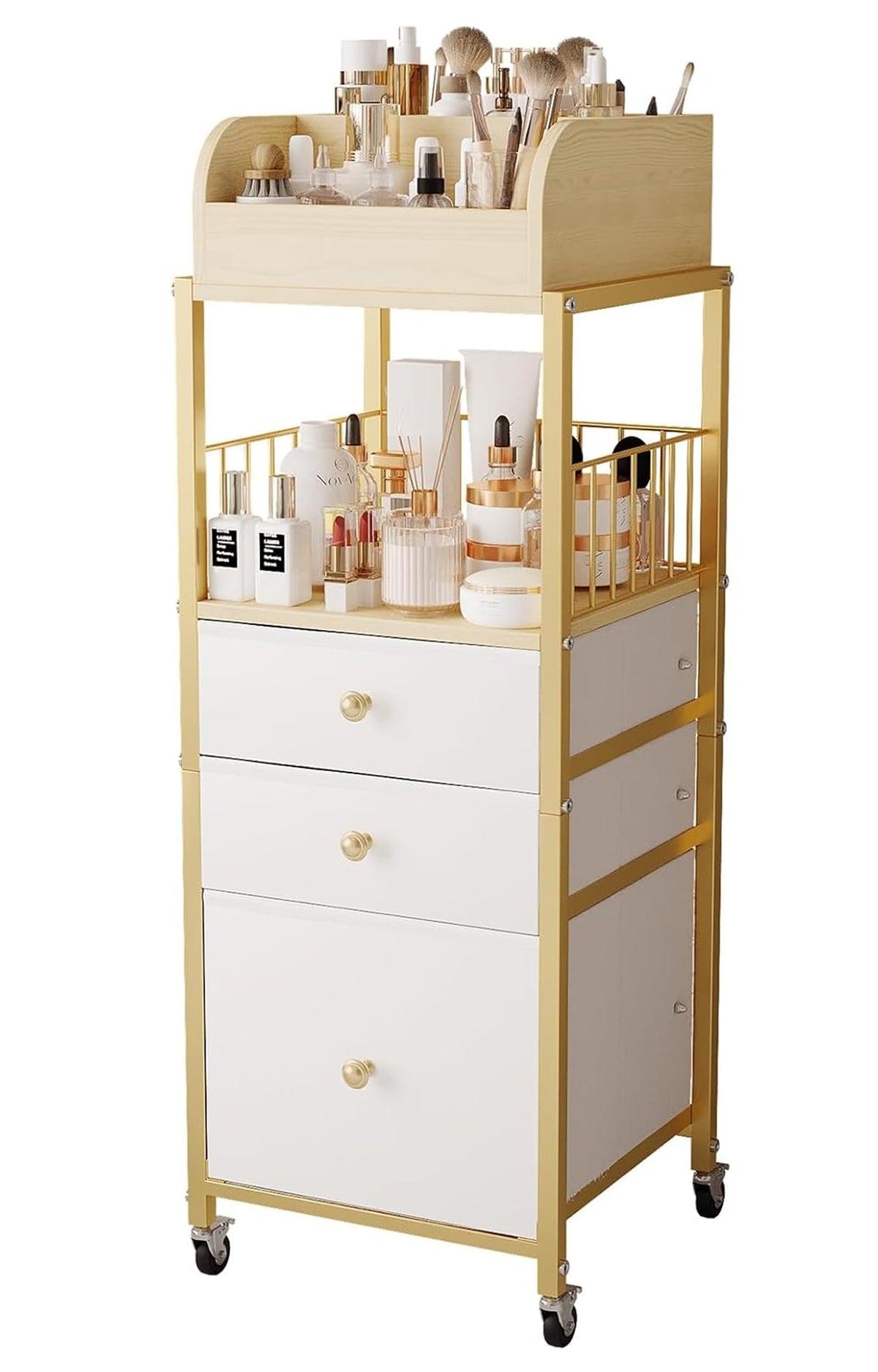 ZQUYAJ makeup organizer cart gold, front view for easy access to cosmetics and skincare.