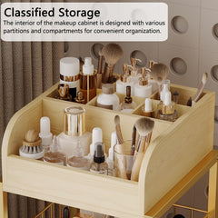 ZQUYAJ makeup organizer cart gold, middle shelf provides quick reach to full-size cleansers.