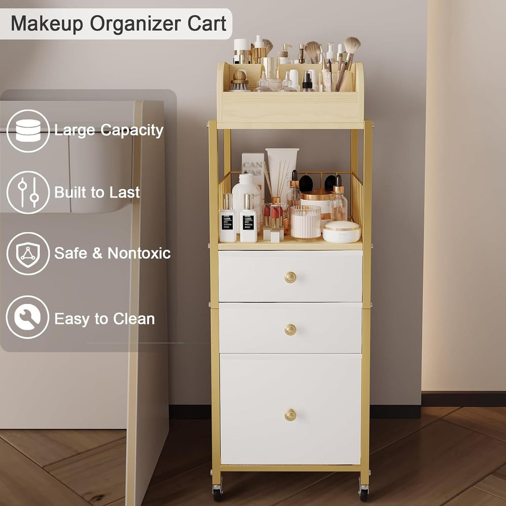 ZQUYAJ makeup organizer cart gold, side view fits beside vanity for tidy surfaces.
