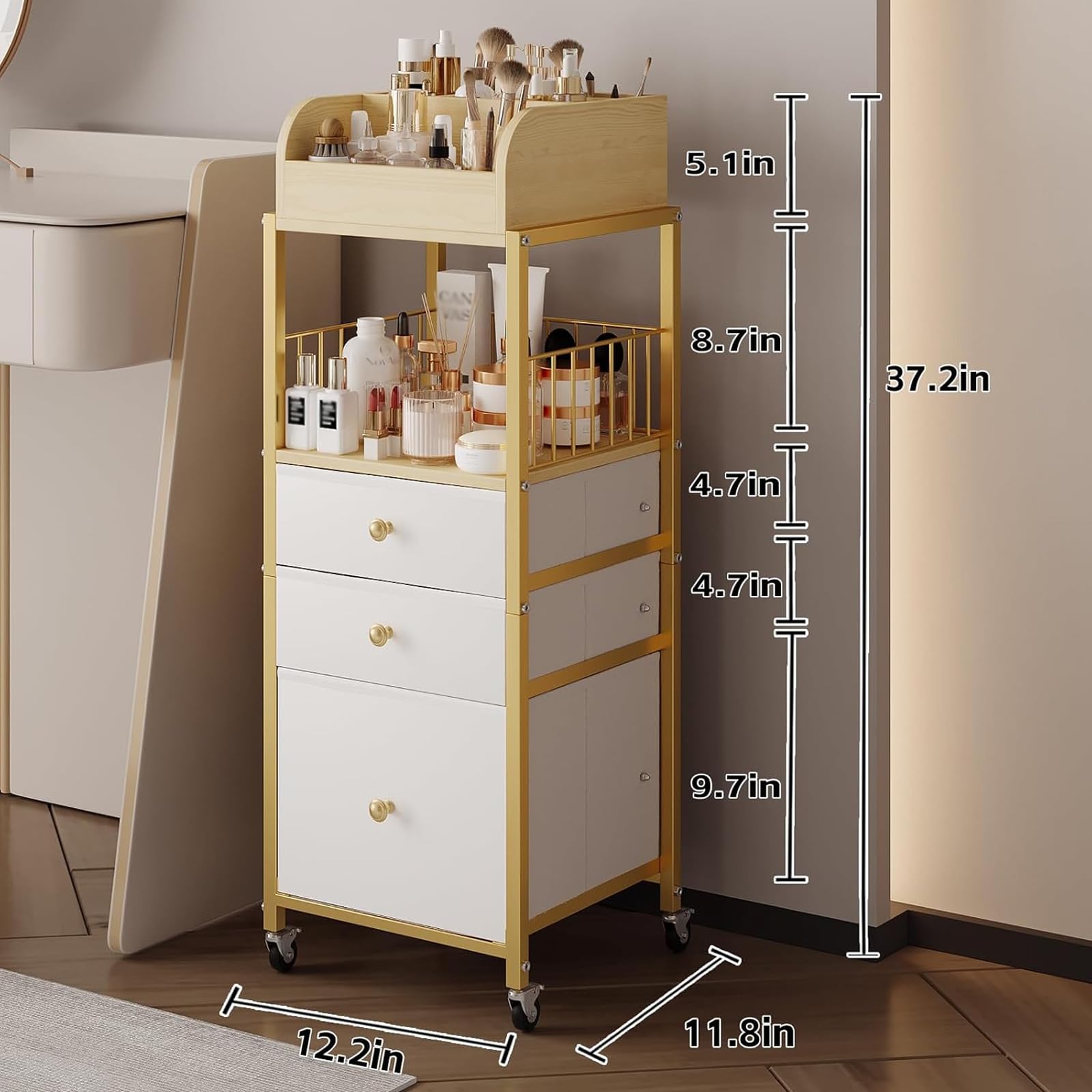 ZQUYAJ makeup organizer cart gold, top divisional display highlights organized brushes and perfumes.