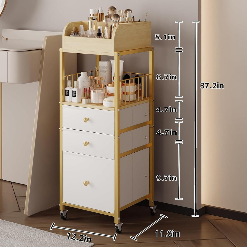 ZQUYAJ makeup organizer cart gold, top divisional display highlights organized brushes and perfumes.