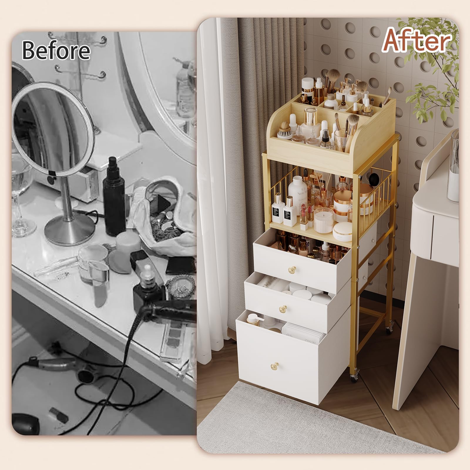 ZQUYAJ makeup organizer cart gold, stylish vanity solution for beauty tools and bottles.
