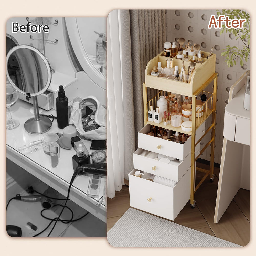 ZQUYAJ makeup organizer cart gold, stylish vanity solution for beauty tools and bottles.