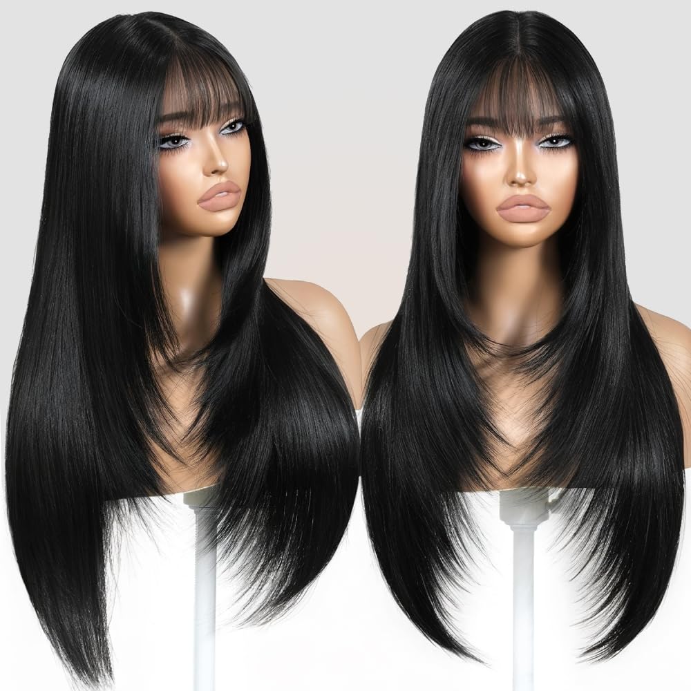 ZRLK black wig with bangs, long layered style for natural daily wear.