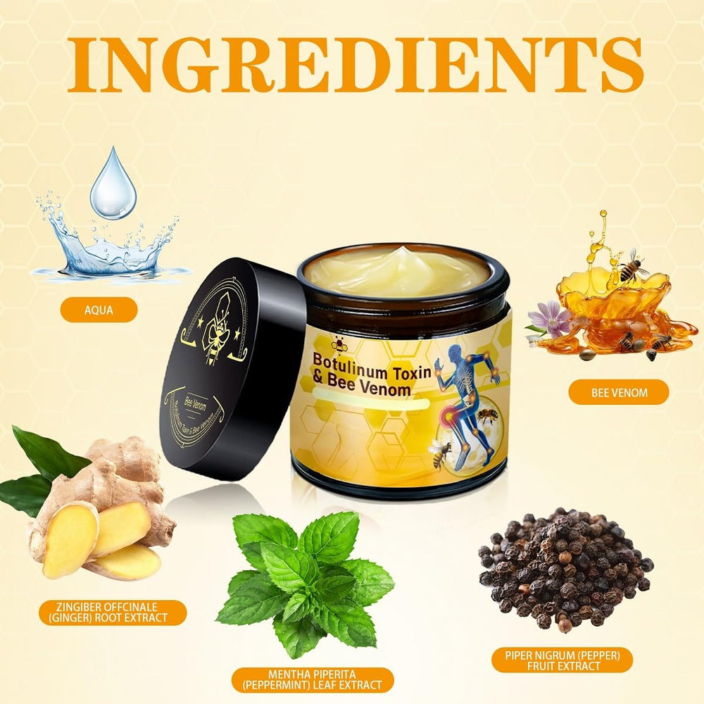 ZTSGU Bee Venom Joint Relief Gel ingredients panel highlights natural components.