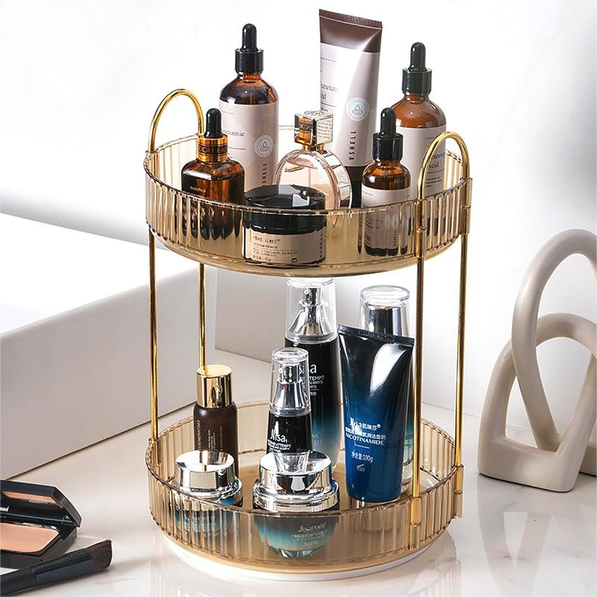 Zufudo rotating makeup organizer two-tier top view for easy access to cosmetics
