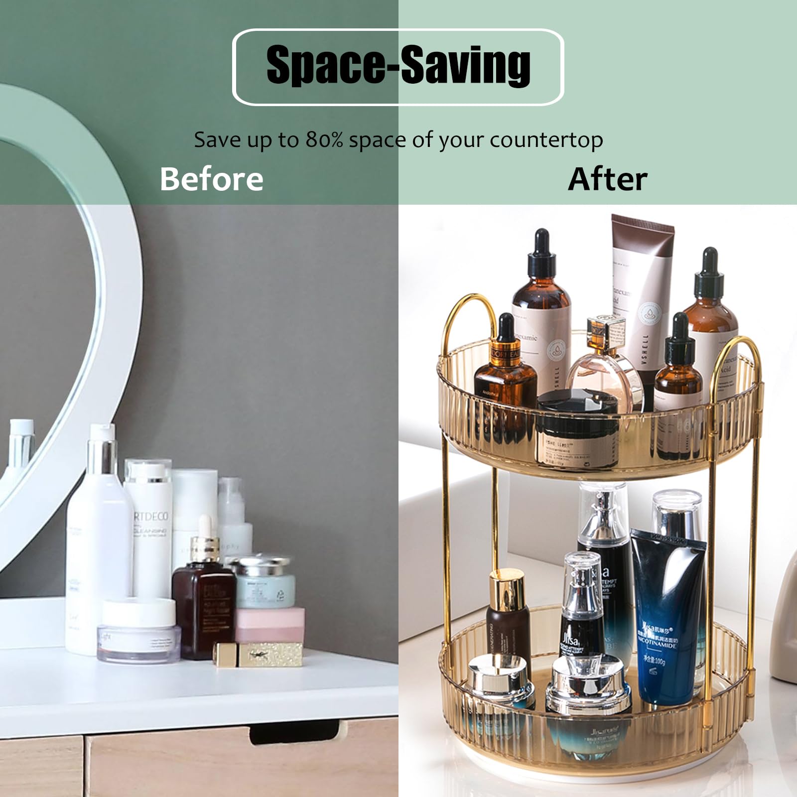 Zufudo two-tier lazy Susan saves counter space on bathroom vanity