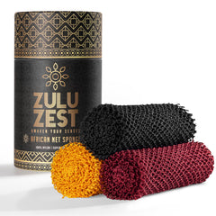 Esponja de red africana Zulu Zest en 3-pack para exfoliar rostro y cuerpo.