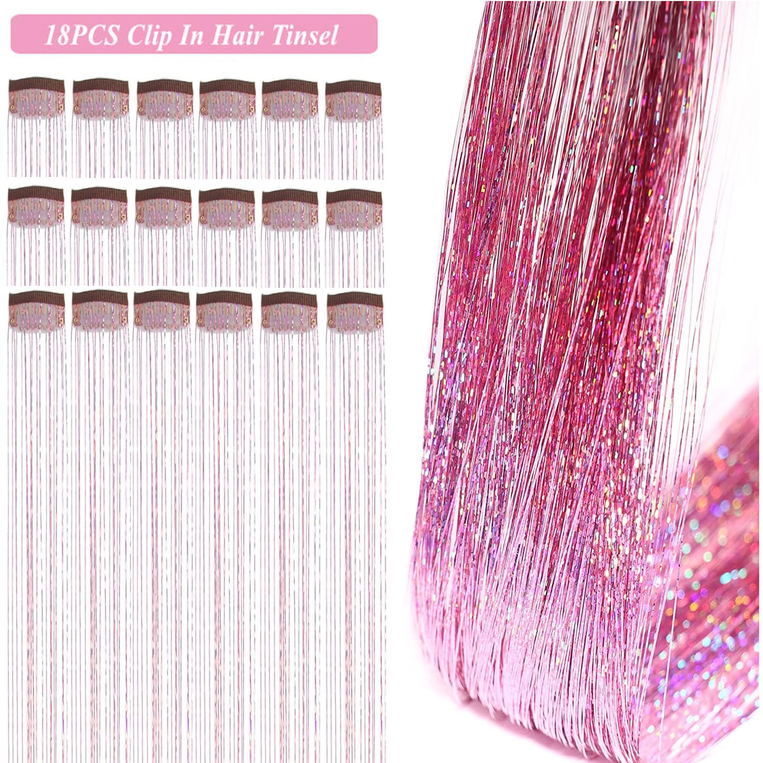 ZYXQZYX clip-in tinsel 50cm pink glitter enhances hairstyles, easy to integrate.