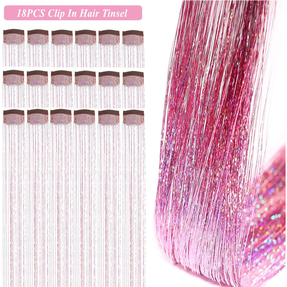 ZYXQZYX clip-in tinsel 50cm pink glitter enhances hairstyles, easy to integrate.