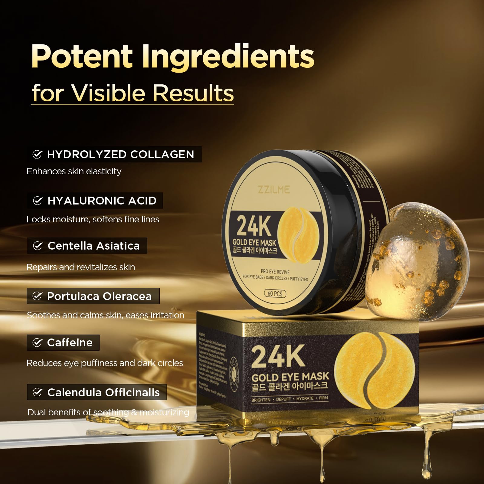 ZZILME 24k gold under-eye detail suggests luxury and targeted care.