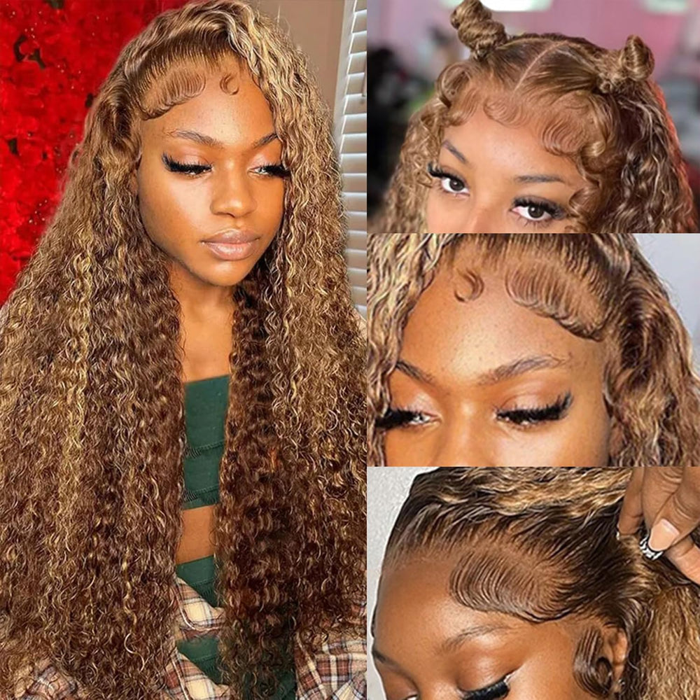 ZZMDS 26-inch deep wave lace front wig in honey blonde with natural movement.